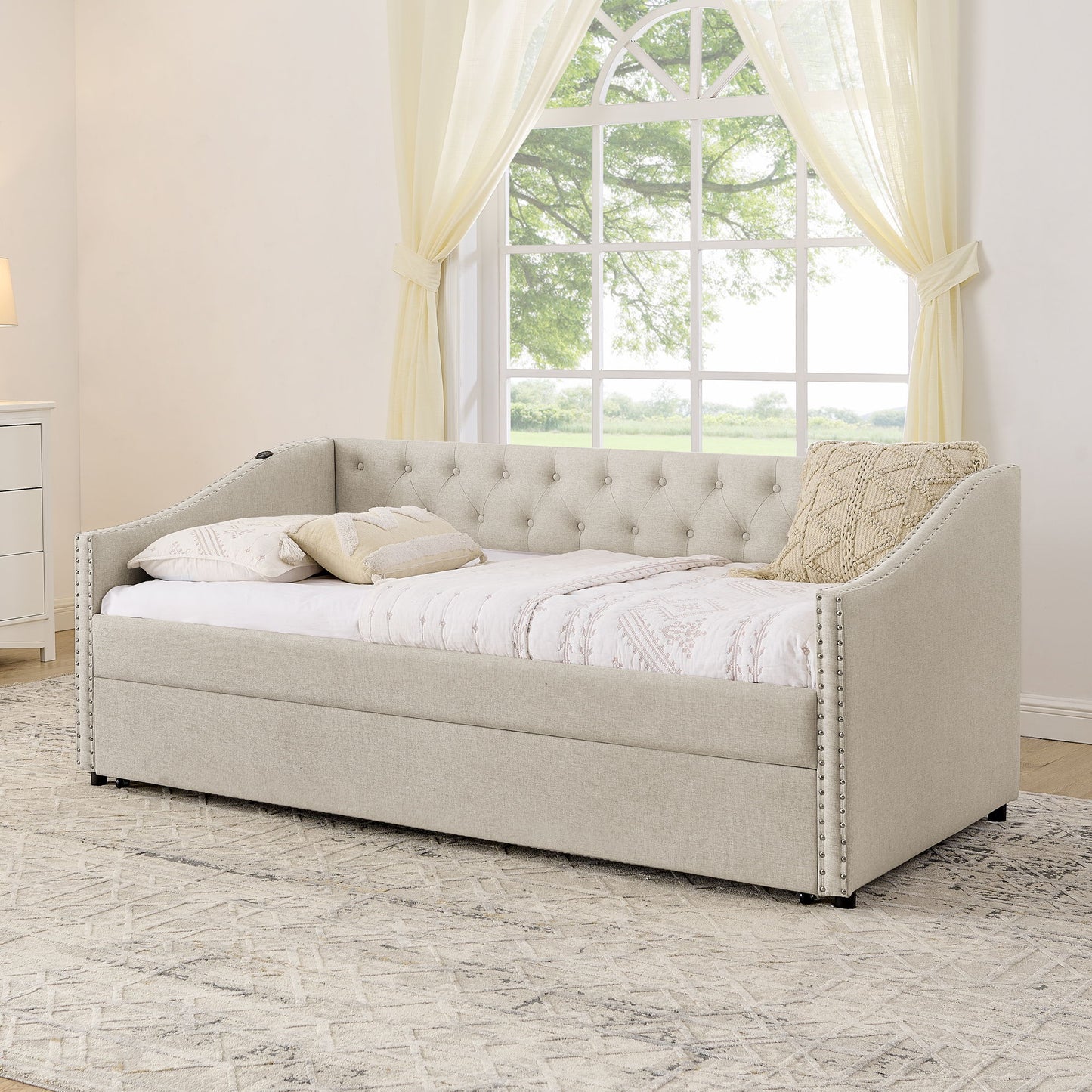 Upholstered Daybed With USB Charging & Pull Out Bed - The Sleep Loft - Online Mattress Showroom NYC