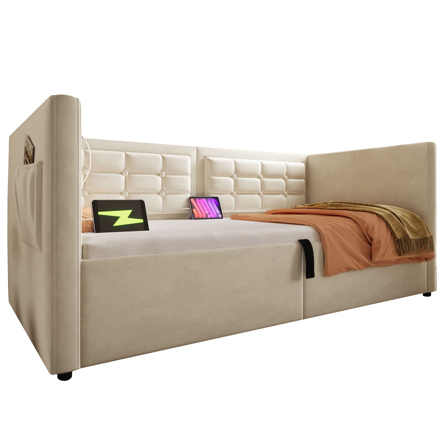 Upholstered Hydraulic Storage Daybed With USB & Type C Charging - The Sleep Loft - Online Mattress Showroom NYC