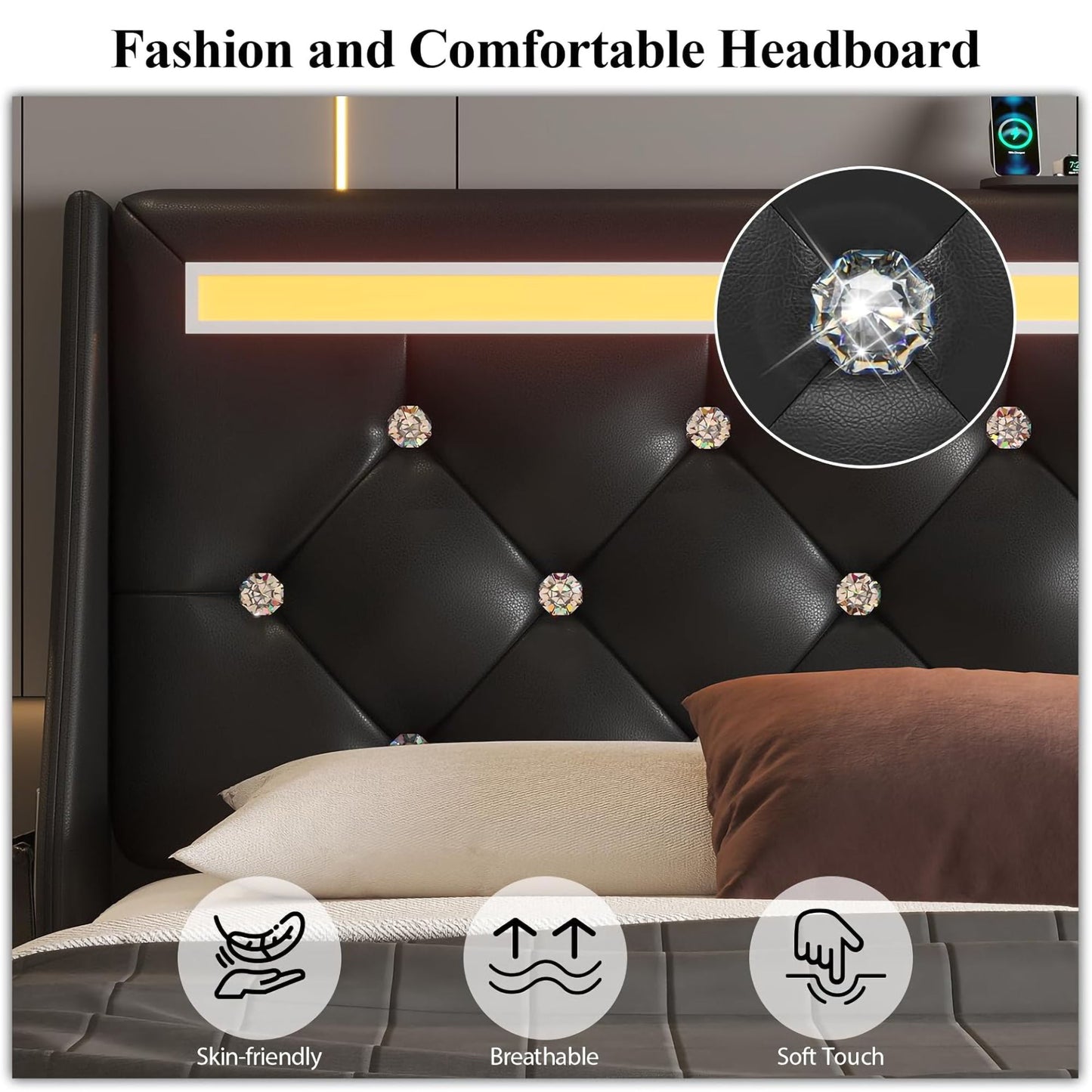 Wingback Upholstered Bed Frame With LED Lights, Charging Station - The Sleep Loft - Online Mattress Showroom NYC