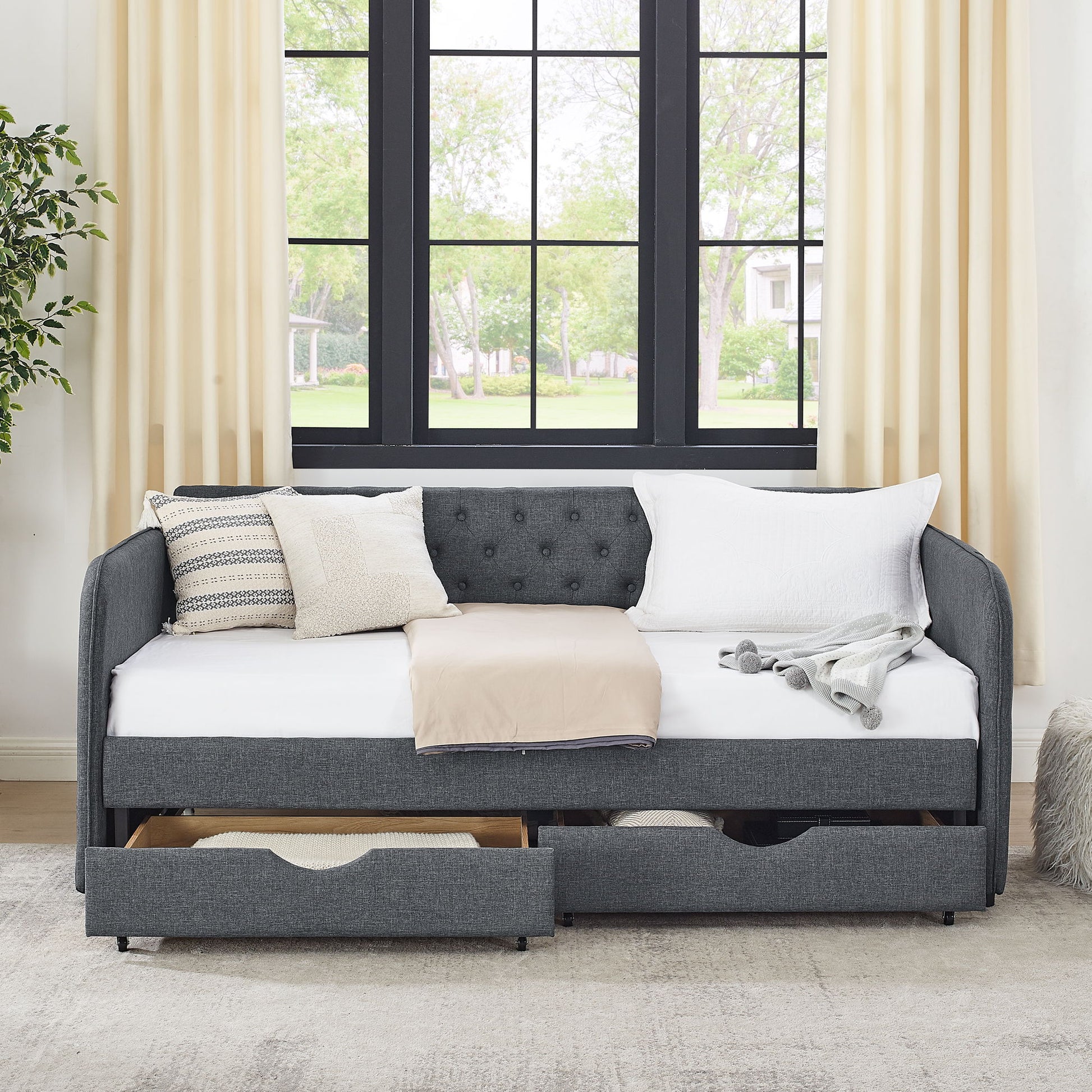 Daybed With Trundle And Storage Drawers, Flat Arms With Pocket - The Sleep Loft - Online Mattress Showroom NYC