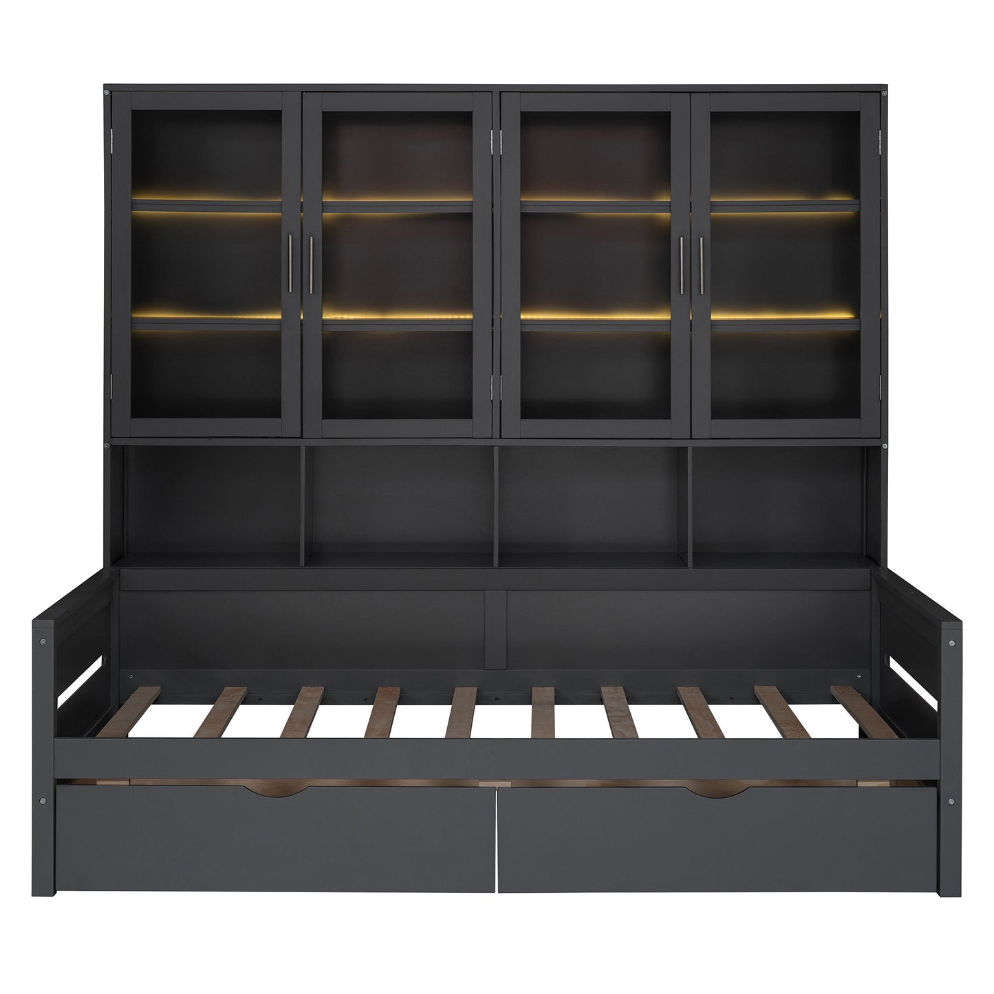Daybed With Glass Door Storage Cabinets, Built In LED Lighting And Shelves - The Sleep Loft - Online Mattress Showroom NYC