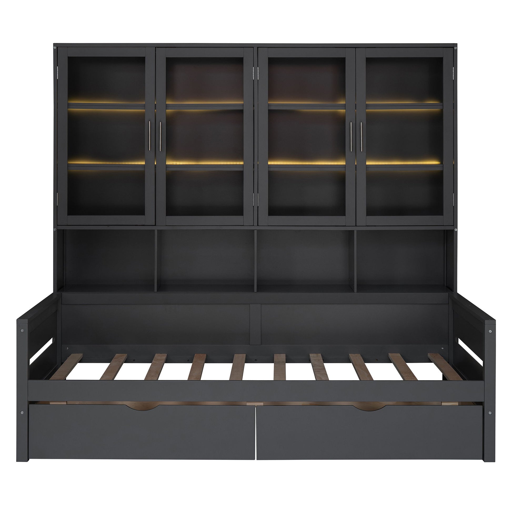 Daybed With Glass Door Storage Cabinets, Built In LED Lighting And Shelves - The Sleep Loft - Online Mattress Showroom NYC