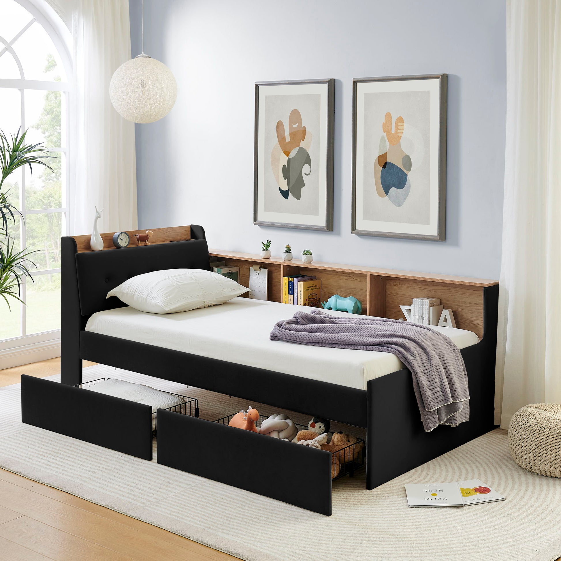 Upholstered Daybed With Storage Headboard, Wireless Charging, LED Lights - The Sleep Loft - Online Mattress Showroom NYC
