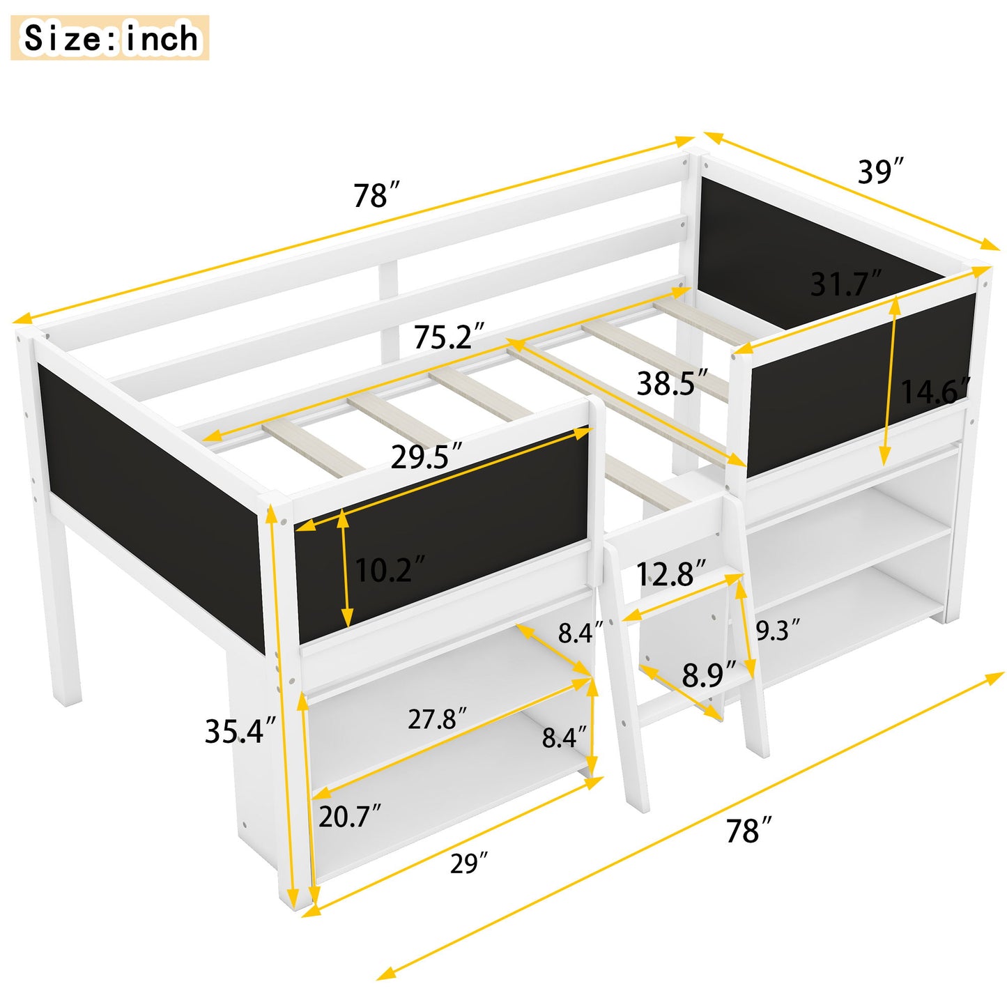 Low Loft Bed With Movable Shelves And Ladder, Decorative Chalkboard Guardrail - The Sleep Loft - Online Mattress Showroom NYC