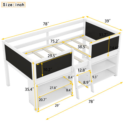 Low Loft Bed With Movable Shelves And Ladder, Decorative Chalkboard Guardrail - The Sleep Loft - Online Mattress Showroom NYC