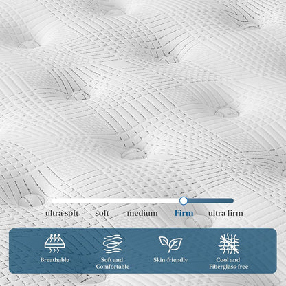 12" King Hybrid Mattress, Memory Foam & Pocket Spring Bed, Medium Firm Comfort, Spine Support, Quiet & Breathable - White