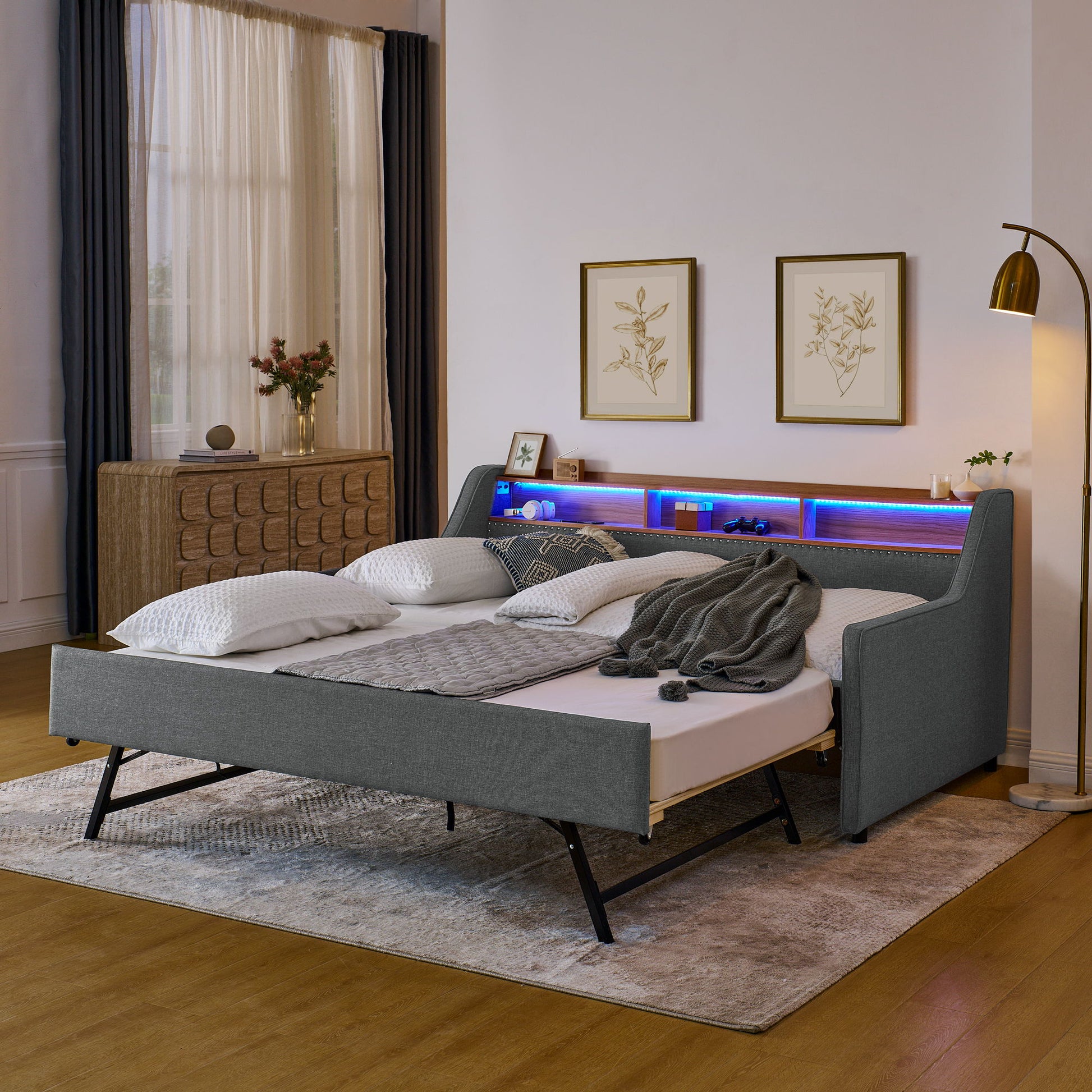 Upholstered Sofa Bed With LED Lights, Storage Headboard, Foldable Trundle & Wireless Charging - The Sleep Loft - Online Mattress Showroom NYC