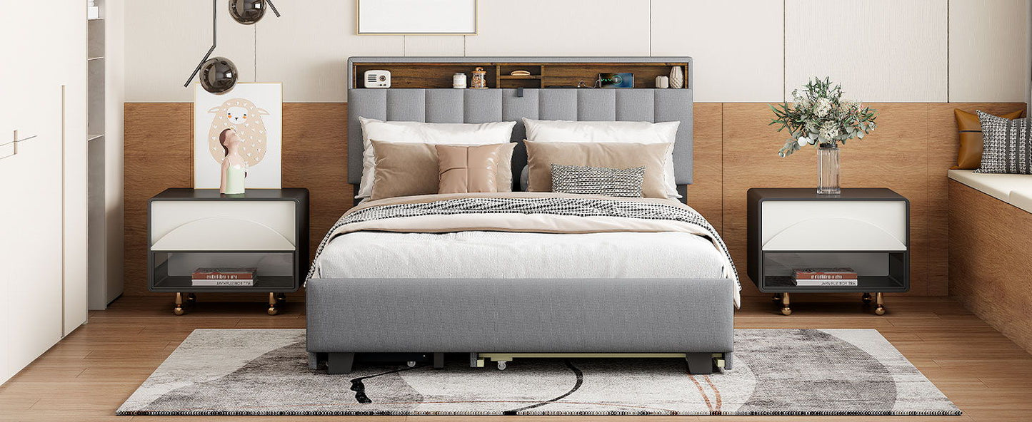 Upholstered Platform Bed With Storage Headboard, Trundle & 2 Drawers And A Set Of Sockets & USB Ports - The Sleep Loft - Online Mattress Showroom NYC