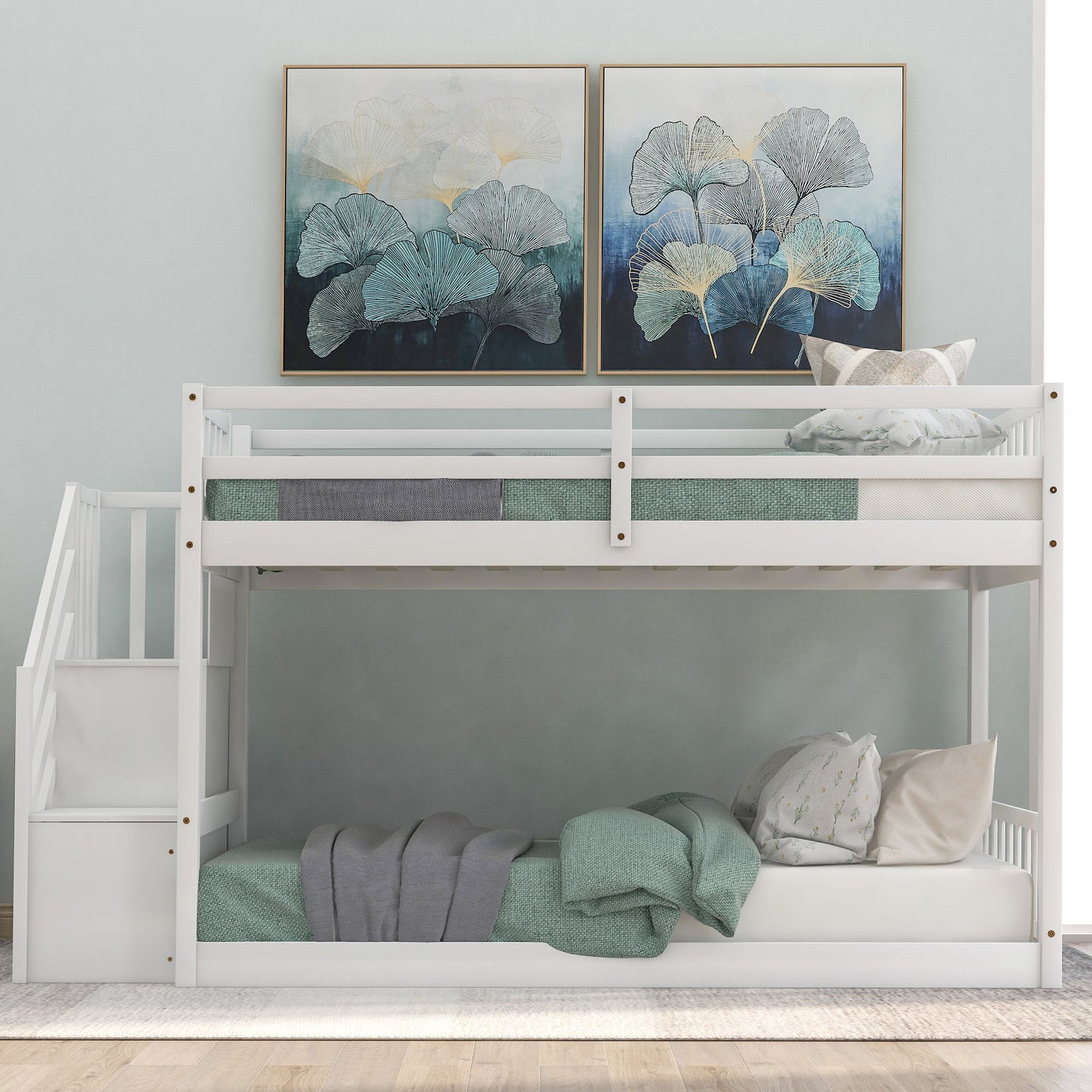 Twin Over Twin Floor Bunk Bed, Ladder With Storage - The Sleep Loft - Online Mattress Showroom NYC