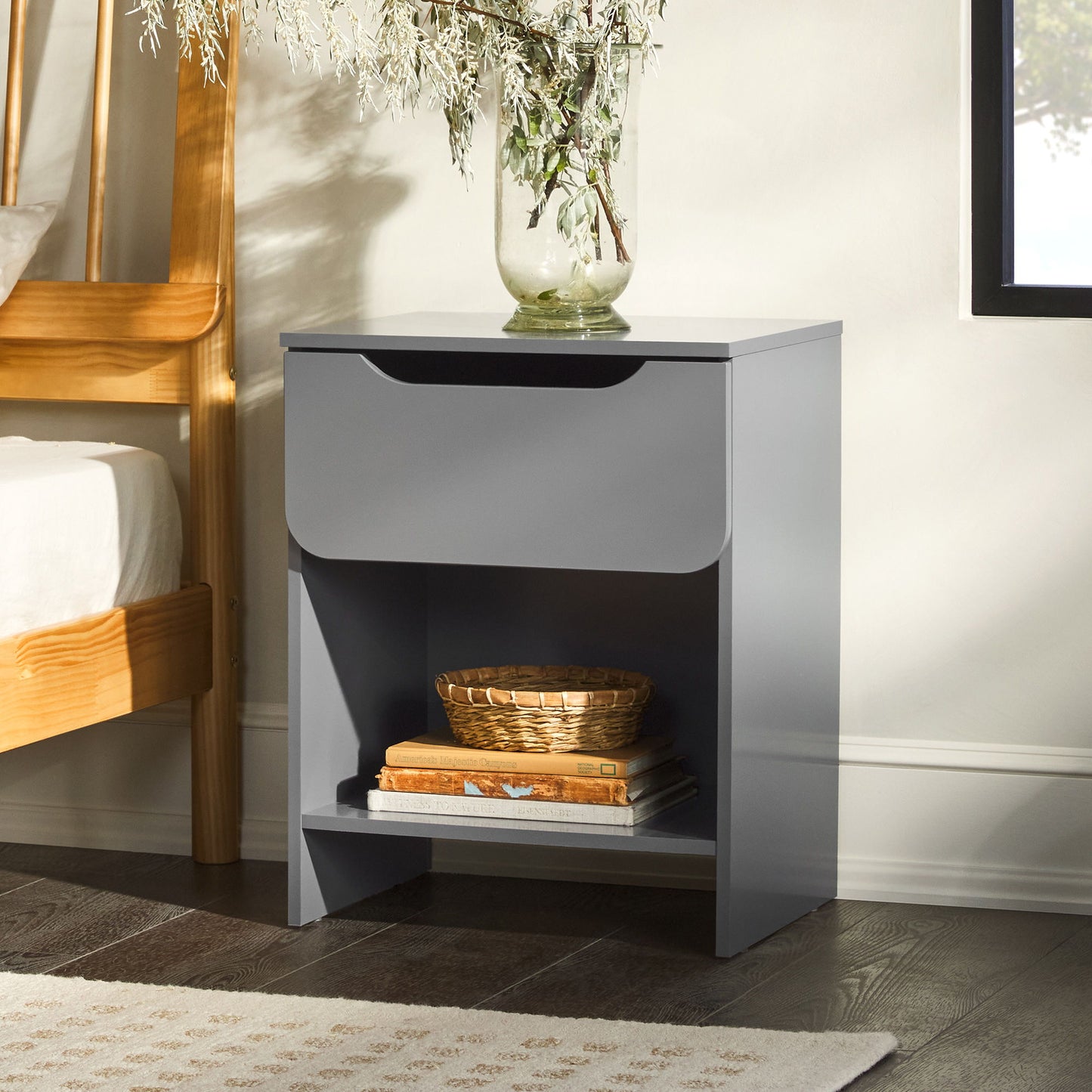 Modern Minimalist 1 Drawer Nightstand With Cubby - The Sleep Loft - Online Mattress Showroom NYC