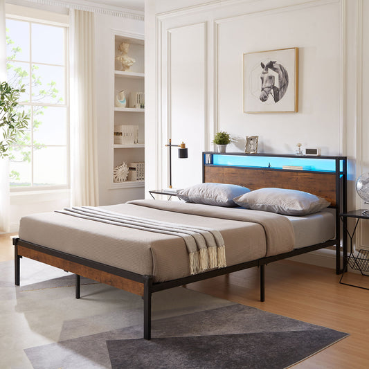 Metal Platform Bed Frame With Wooden Headboard And Footboard With USB Liner, LED Lights, No Box Spring Needed, Large Under Bed Storage - The Sleep Loft - Online Mattress Showroom NYC