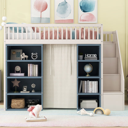 Full Size Loft Bed With 2 Four Layer Storage Cabinets And Curtain With Built In Staircase And Privacy Curtain - White - The Sleep Loft - Online Mattress Showroom NYC