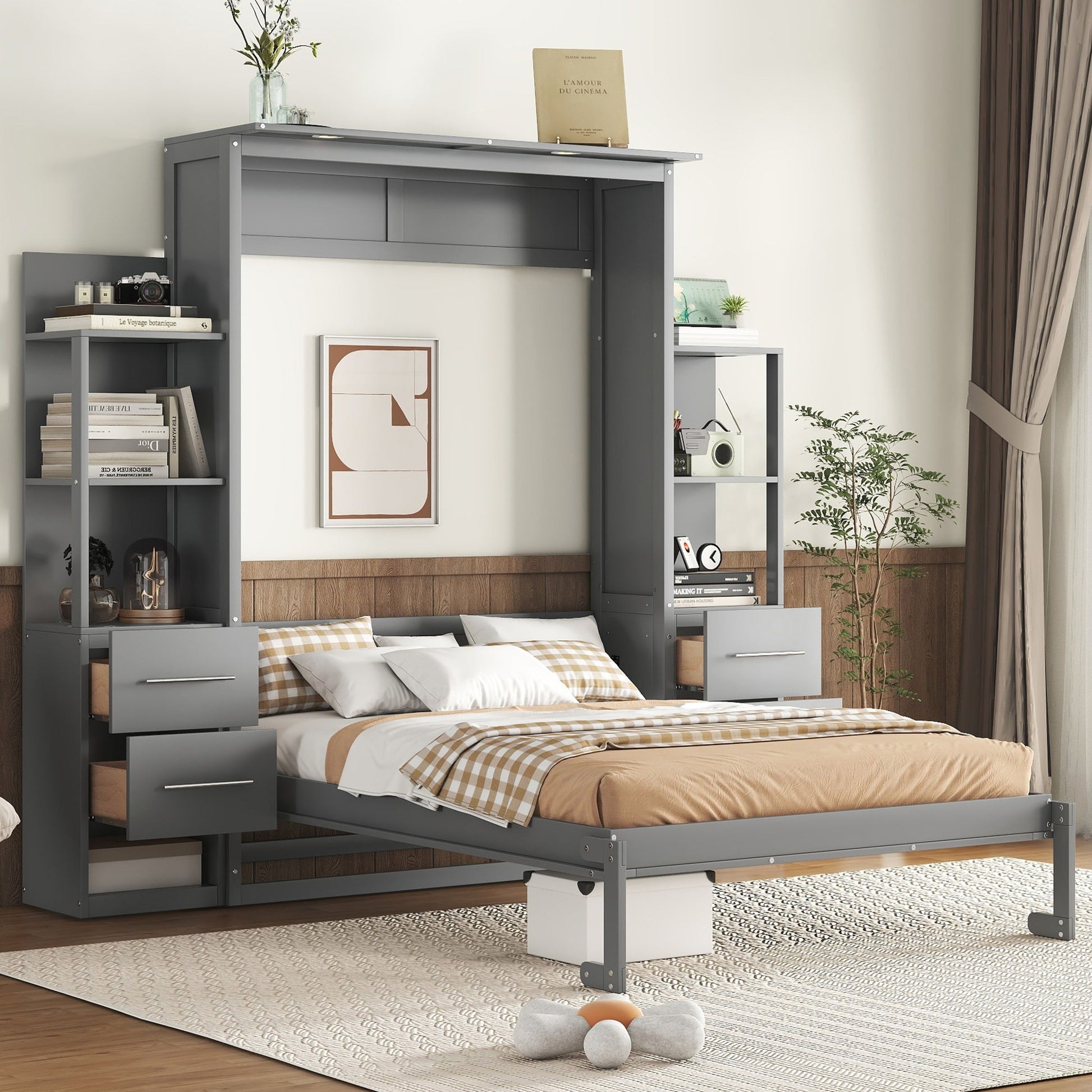 Murphy Wall Bed With LED Lights, Shelves And Drawers - The Sleep Loft - Online Mattress Showroom NYC