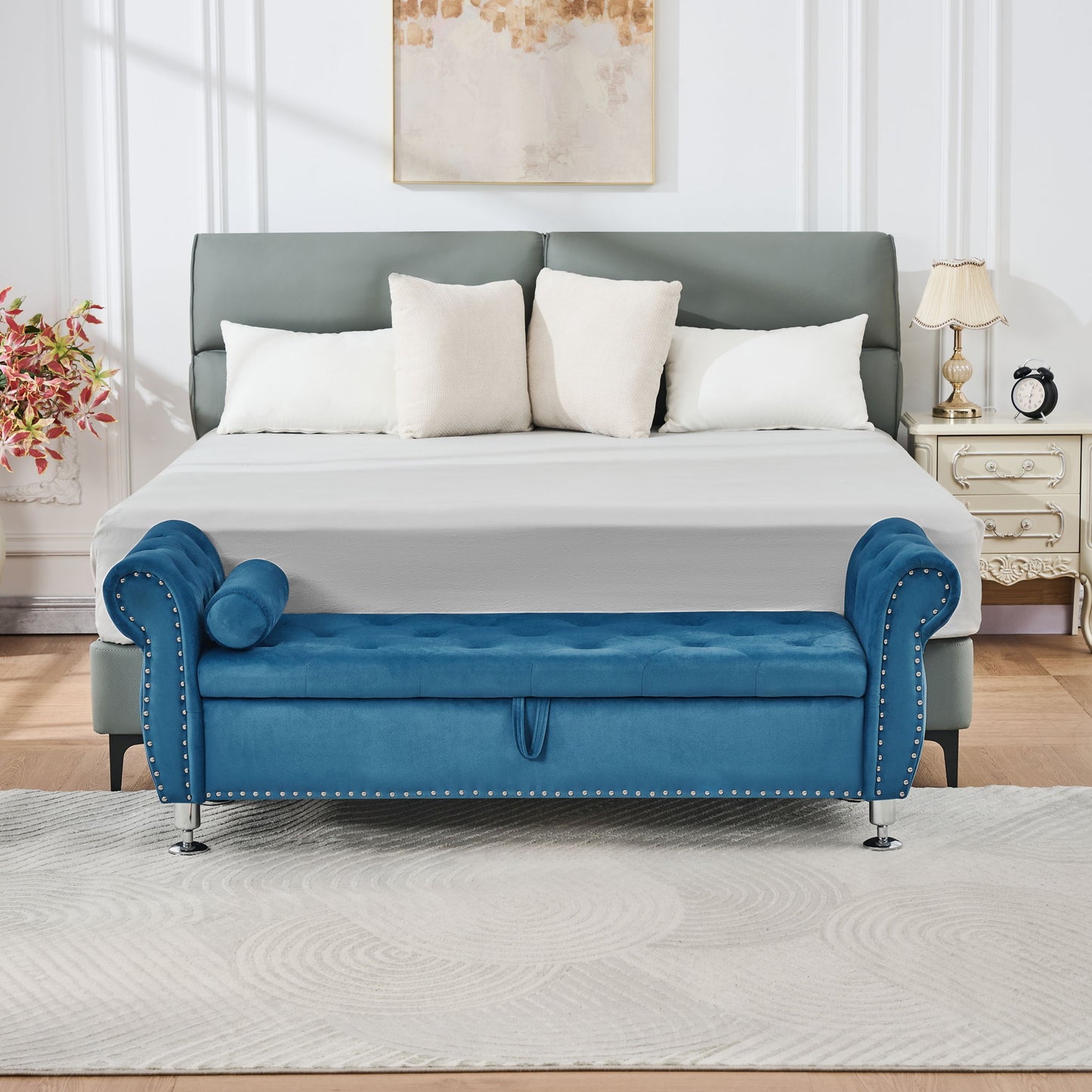 Storage Bench With Crystal Buttons And 1 Pillow For Bedroom - The Sleep Loft - Online Mattress Showroom NYC