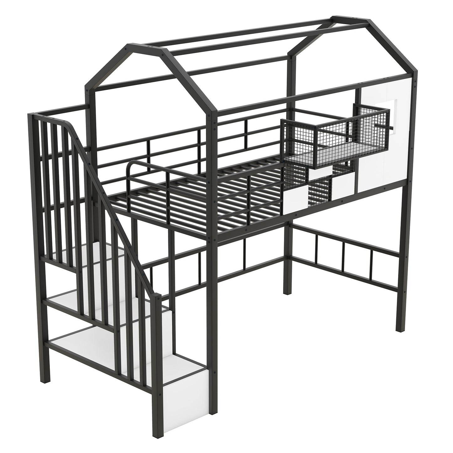 Metal Loft Bed With Roof Design And Storage Box With Guardrails And Integrated Ladder - The Sleep Loft - Online Mattress Showroom NYC