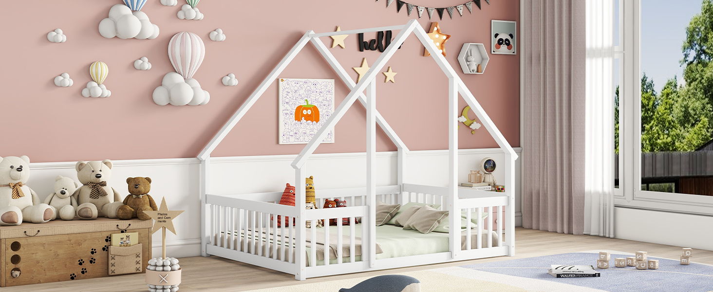 Wood House-Shaped Floor Bed With Fence, Guardrails - The Sleep Loft - Online Mattress Showroom NYC