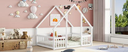 Wood House-Shaped Floor Bed With Fence, Guardrails - The Sleep Loft - Online Mattress Showroom NYC