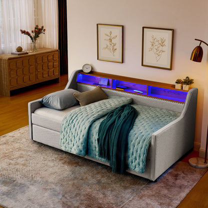 Twin Upholstered Sofa Bed With LED Lights, Storage Drawers, Adjustable Headboard & Wireless Charging - Beige - The Sleep Loft - Online Mattress Showroom NYC