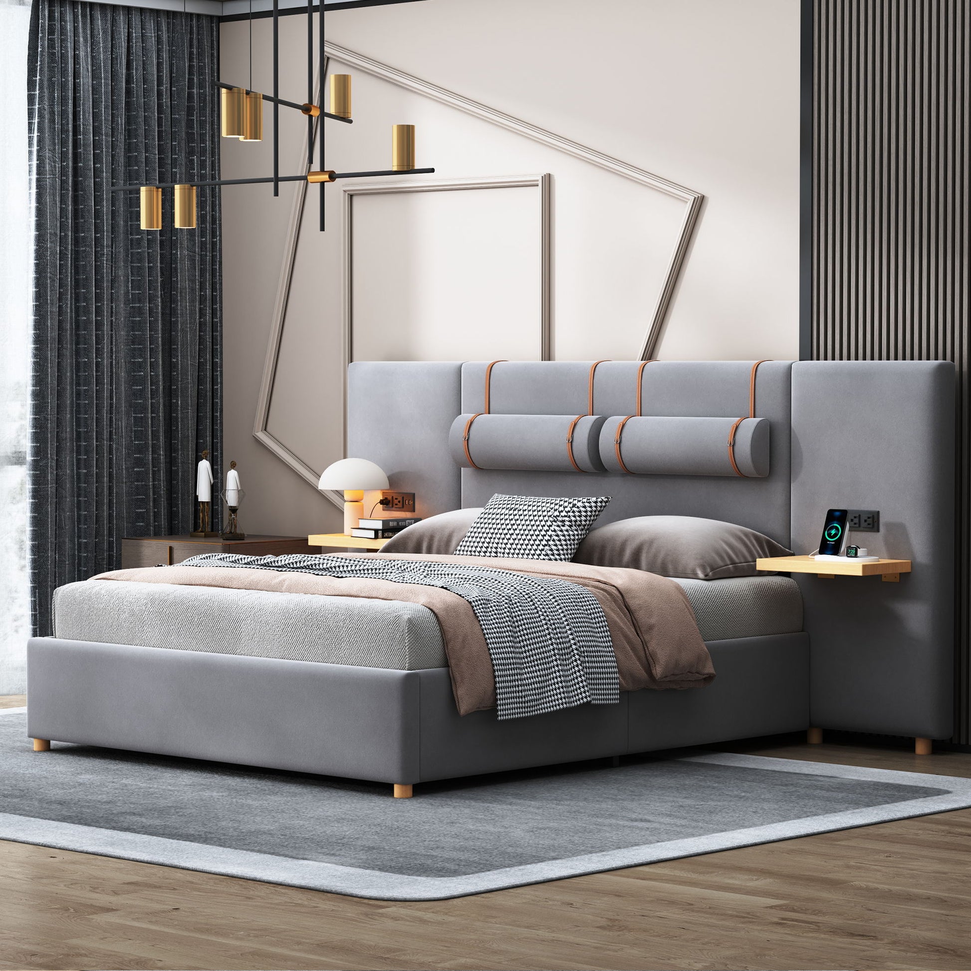 Upholstered Platform Bed, 2 Outlets And USB Charging Ports On Both Sides, 2 Bedside Pillows, Storage Shelves - The Sleep Loft - Online Mattress Showroom NYC