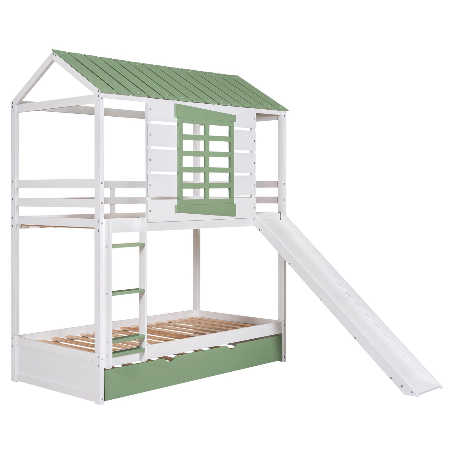 Twin Over Twin House Bunk Bed With Convertible Slide And Trundle - White - The Sleep Loft - Online Mattress Showroom NYC