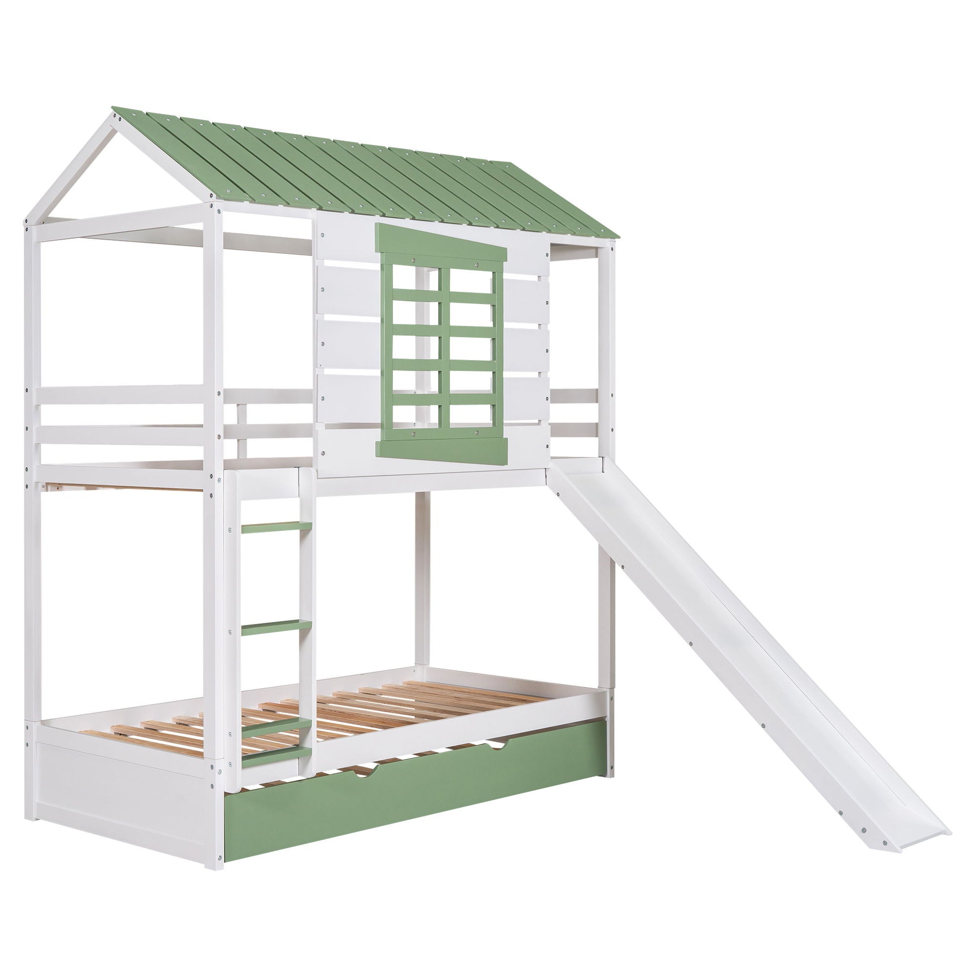 Twin Over Twin House Bunk Bed With Convertible Slide And Trundle - White - The Sleep Loft - Online Mattress Showroom NYC