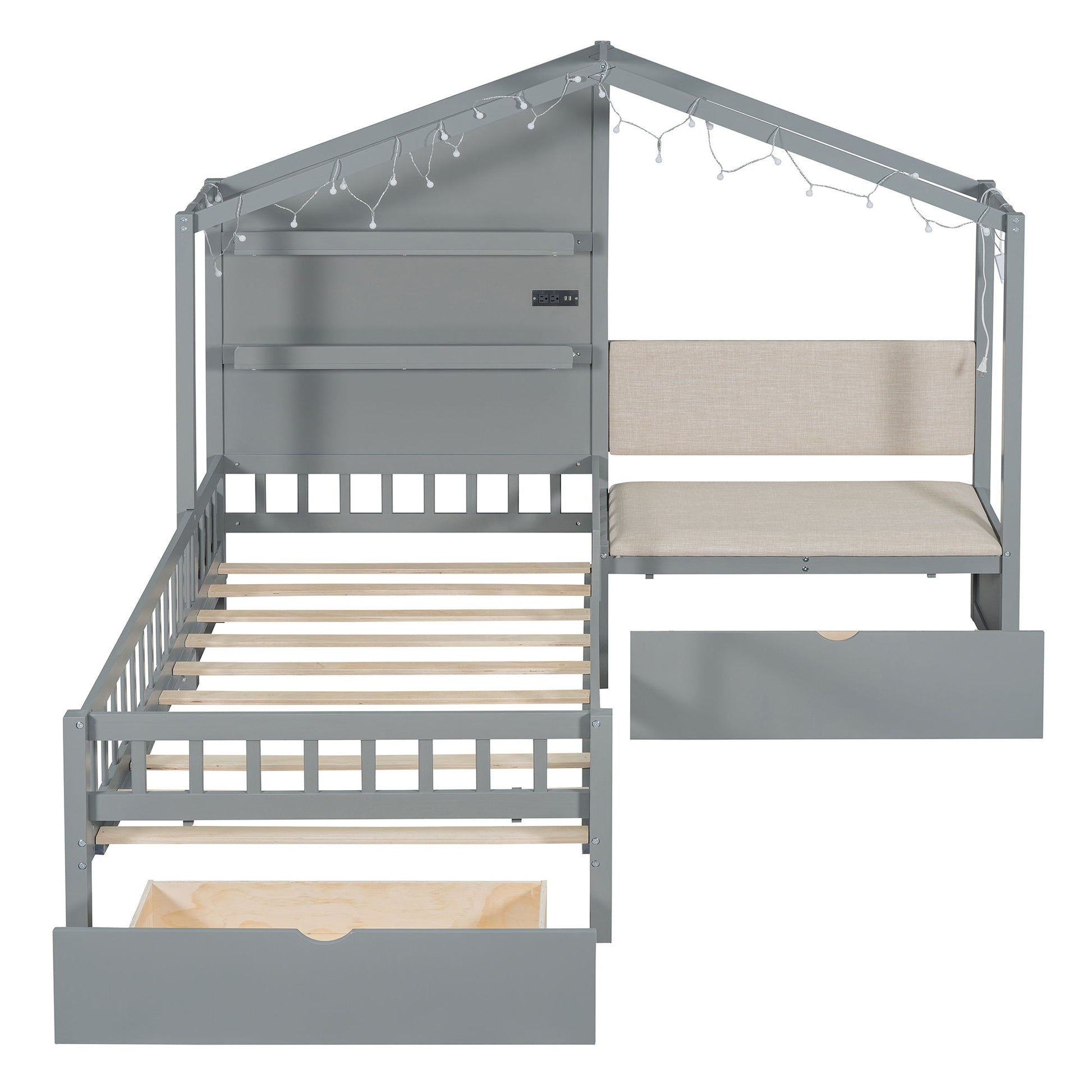 House Bed With Upholstered Sofa, Wireless Charging Station, Shelves And 2 Drawers - The Sleep Loft - Online Mattress Showroom NYC