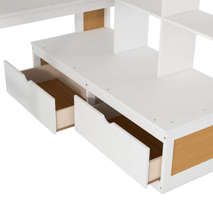 Full Size Loft Bed With Desk And Shelves, 2 Built In Drawers, Storage Staircase - Natural / White - The Sleep Loft - Online Mattress Showroom NYC