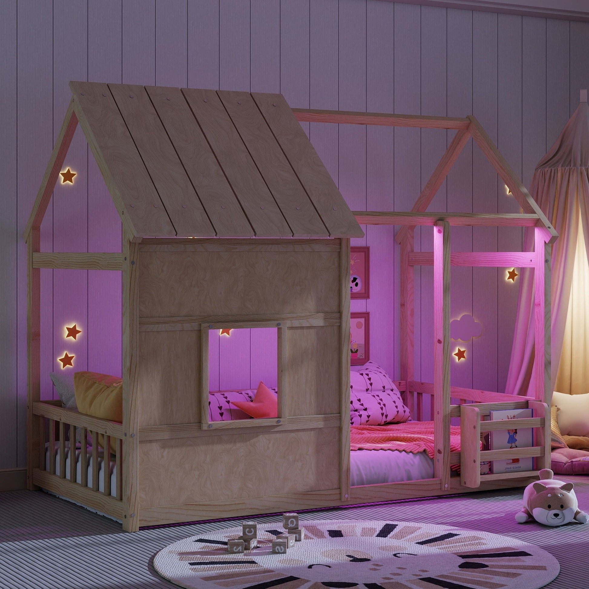 House Floor Bed With 7 Color LED Light, Built In Bookshelf - The Sleep Loft - Online Mattress Showroom NYC