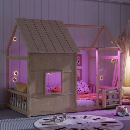 House Floor Bed With 7 Color LED Light, Built In Bookshelf - The Sleep Loft - Online Mattress Showroom NYC
