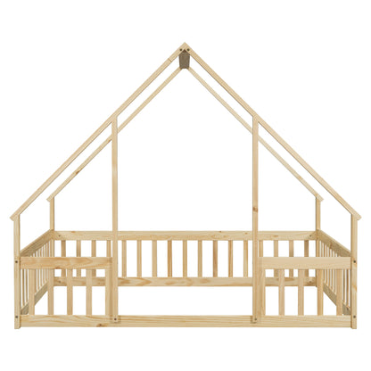 Wood House-Shaped Floor Bed With Fence, Guardrails - The Sleep Loft - Online Mattress Showroom NYC