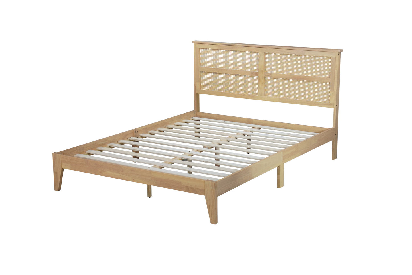 Queen Size Rubber Wooden, Solid Wooden Bed With Rattan Headboard, Enhanced By Support Feet - Natural - The Sleep Loft - Online Mattress Showroom NYC