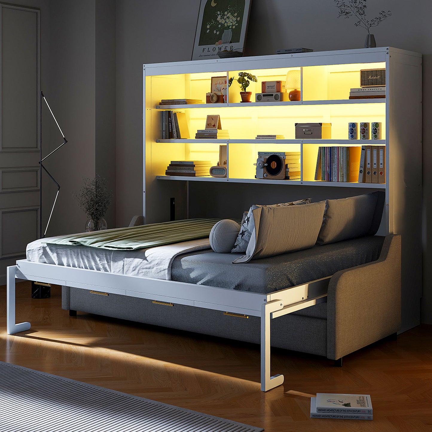 Murphy Cabinet Bed With Folding Sofa, Built In Storage Shelves And LED Light - The Sleep Loft - Online Mattress Showroom NYC