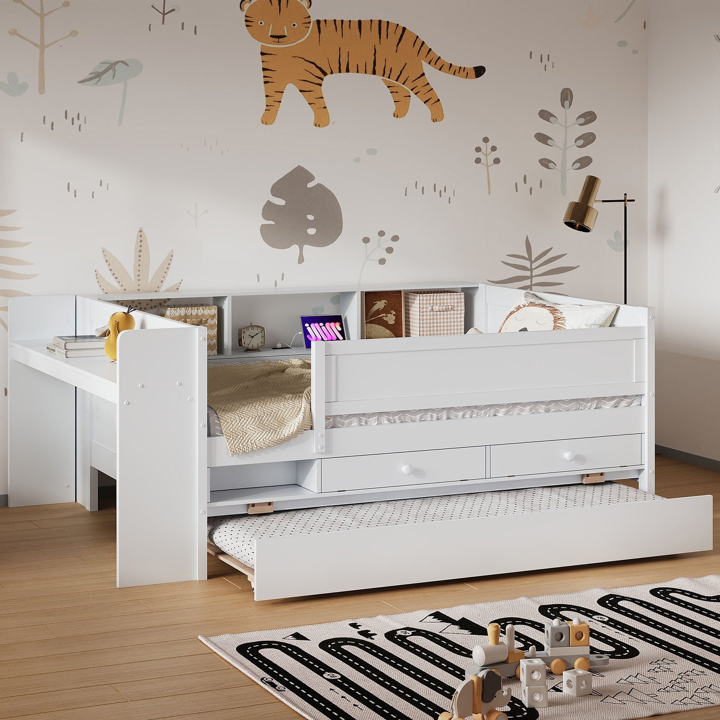 Twin Daybed With Drawers, Trundle, Headboard Storage, Study Desk, And USB Charging Station - White - The Sleep Loft - Online Mattress Showroom NYC