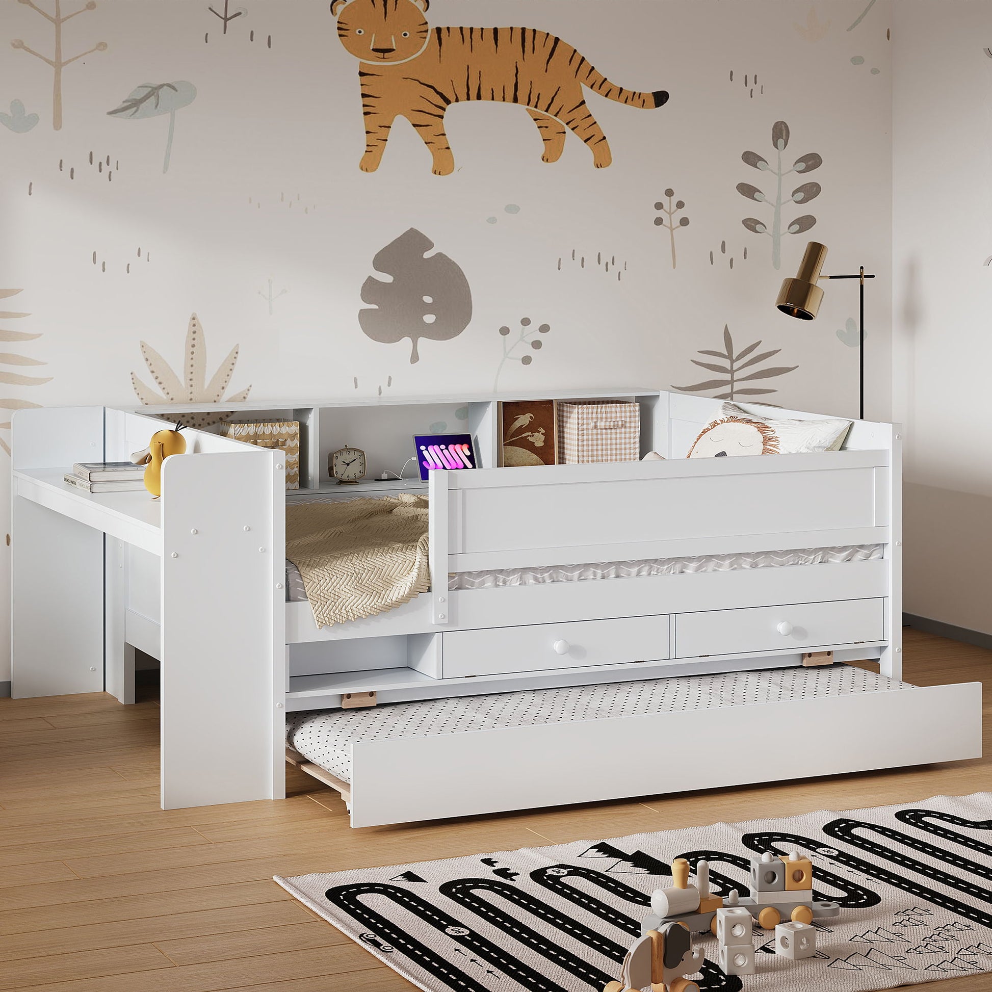 Twin Daybed With Drawers, Trundle, Headboard Storage, Study Desk, And USB Charging Station - White - The Sleep Loft - Online Mattress Showroom NYC