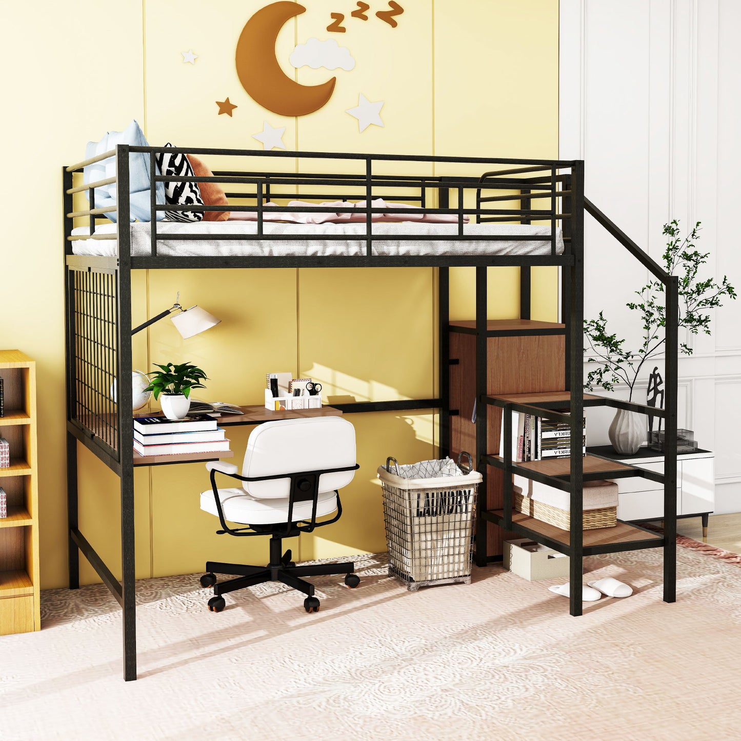 Loft Bed With Desk And Grid, Stylish Frame With Lateral Storage Ladder And Wardrobe - The Sleep Loft - Online Mattress Showroom NYC
