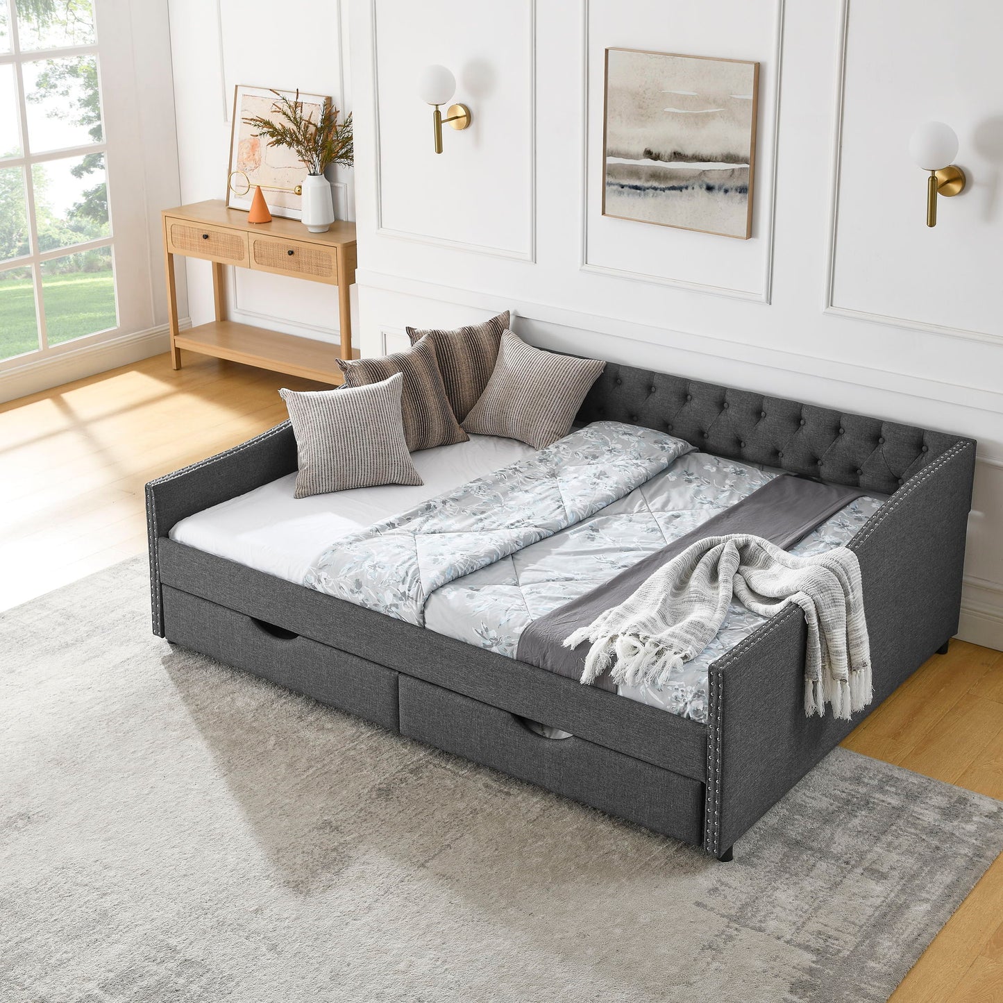 Upholstered Tufted Daybed With 2 Drawers, Waved Arms - The Sleep Loft - Online Mattress Showroom NYC