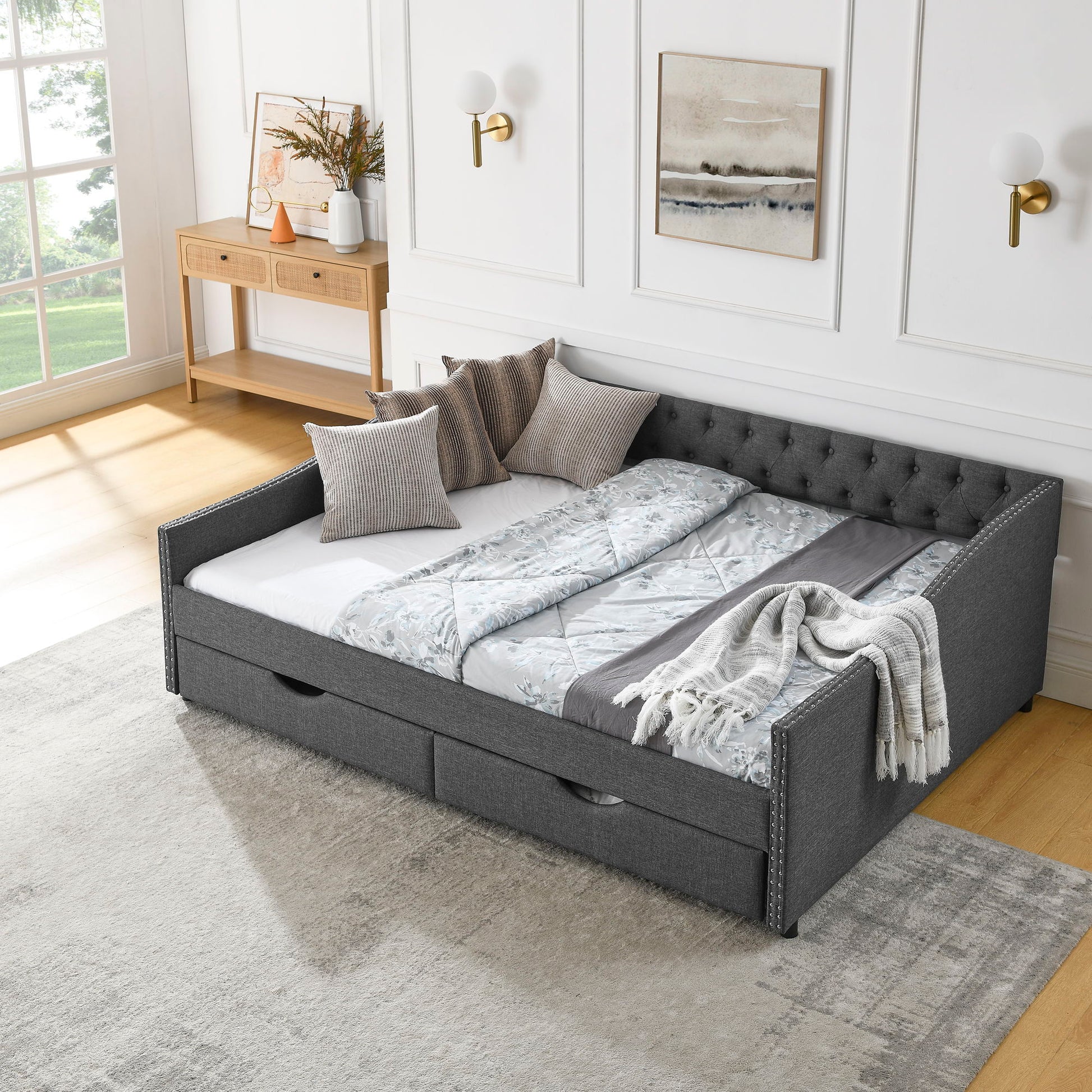 Upholstered Tufted Daybed With 2 Drawers, Waved Arms - The Sleep Loft - Online Mattress Showroom NYC