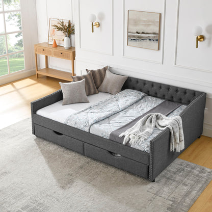 Upholstered Tufted Daybed With 2 Drawers, Waved Arms - The Sleep Loft - Online Mattress Showroom NYC