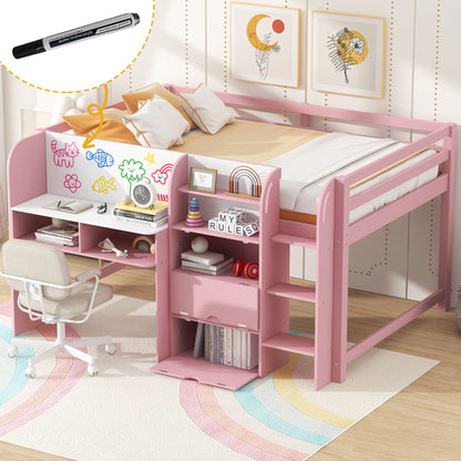 Low Loft Bed With Built In Desk, Storage Cabinets, Open Bookcase And Doodle board - The Sleep Loft - Online Mattress Showroom NYC