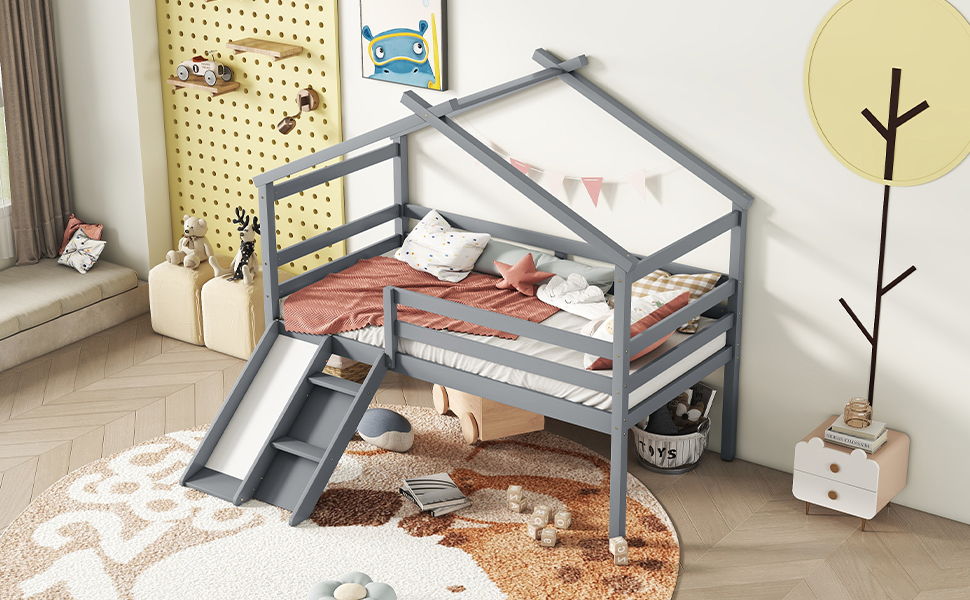 Low Loft House Bed With Slide, Ladder, Safety Guardrails, House Roof Frame - The Sleep Loft - Online Mattress Showroom NYC