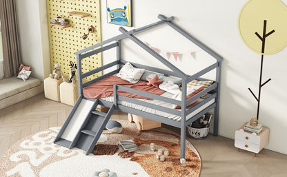 Low Loft House Bed With Slide, Ladder, Safety Guardrails, House Roof Frame - The Sleep Loft - Online Mattress Showroom NYC