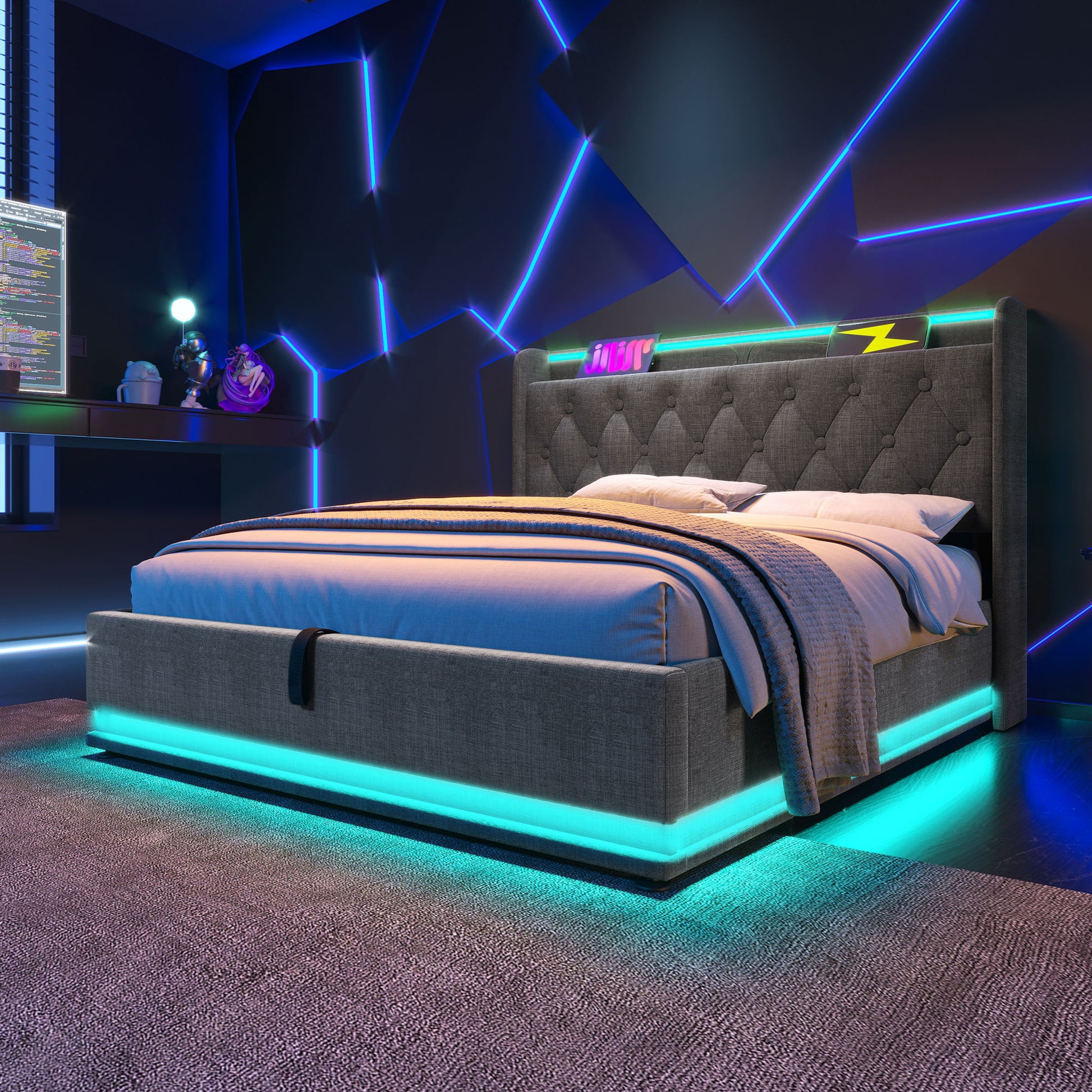 Upholstered Bed, 360 Surround LED Function, Remote Control, Hydraulic Storage Bed With USB, Type-C Charging (Without Mattress) - The Sleep Loft - Online Mattress Showroom NYC