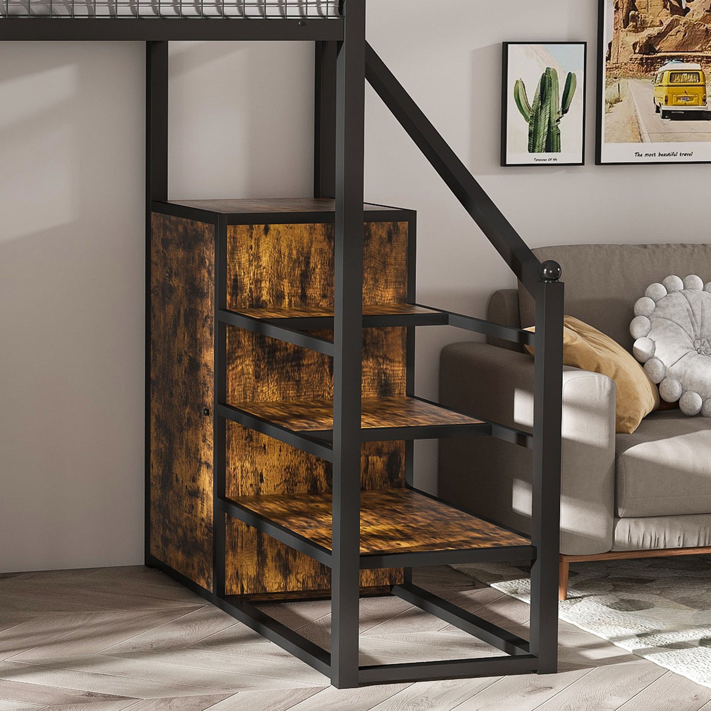 Full Size Loft Bed With Desk & Wardrobe Heavy Frame, Built In Staircase, Storage Rack & Shelves Gaming Bed - Black - The Sleep Loft - Online Mattress Showroom NYC