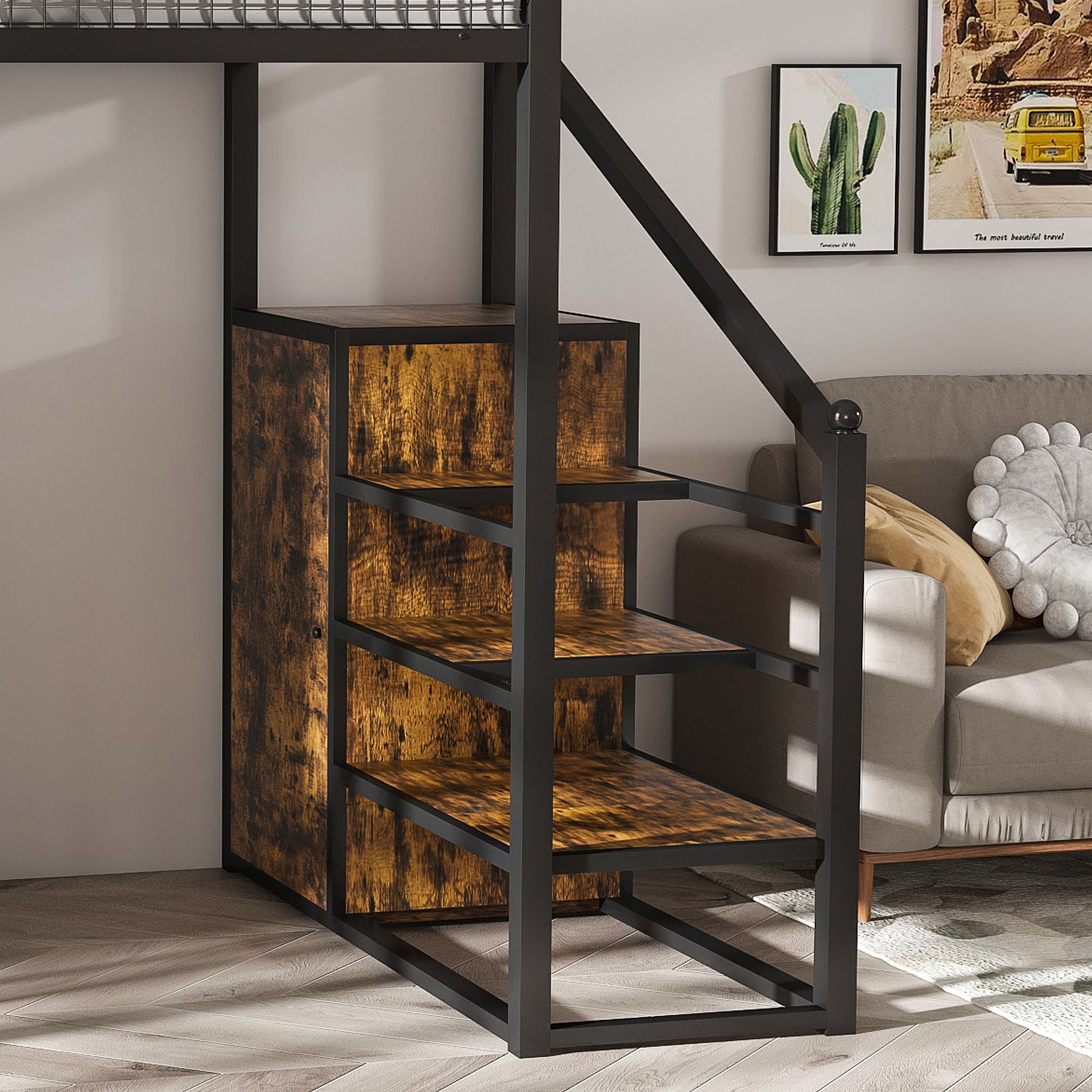 Full Size Loft Bed With Desk & Wardrobe Heavy Frame, Built In Staircase, Storage Rack & Shelves Gaming Bed - Black - The Sleep Loft - Online Mattress Showroom NYC