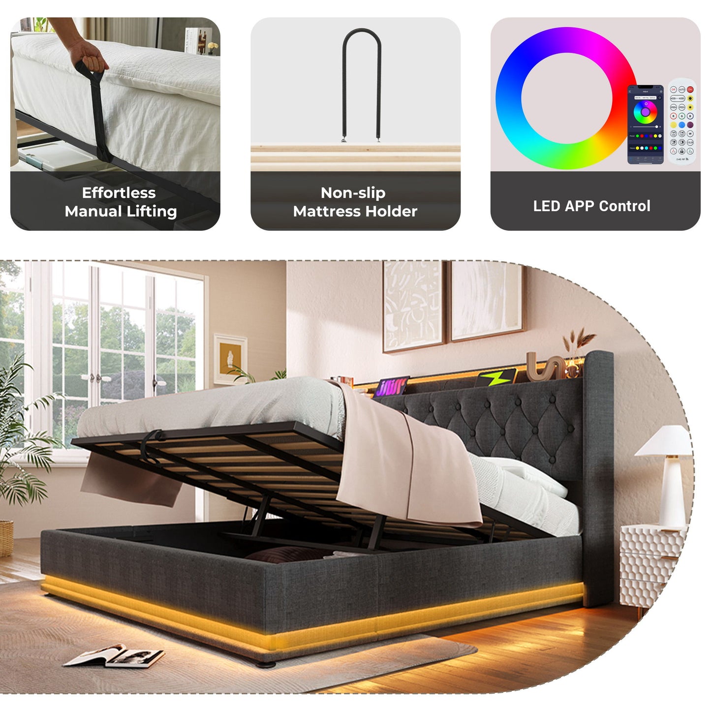 Upholstered Bed, 360 Surround LED Function, Remote Control, Hydraulic Storage Bed With USB, Type-C Charging (Without Mattress) - The Sleep Loft - Online Mattress Showroom NYC