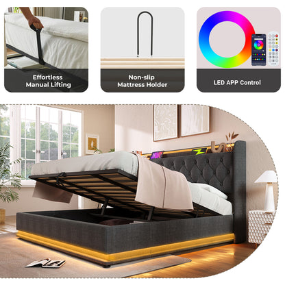 Upholstered Bed, 360 Surround LED Function, Remote Control, Hydraulic Storage Bed With USB, Type-C Charging (Without Mattress) - The Sleep Loft - Online Mattress Showroom NYC