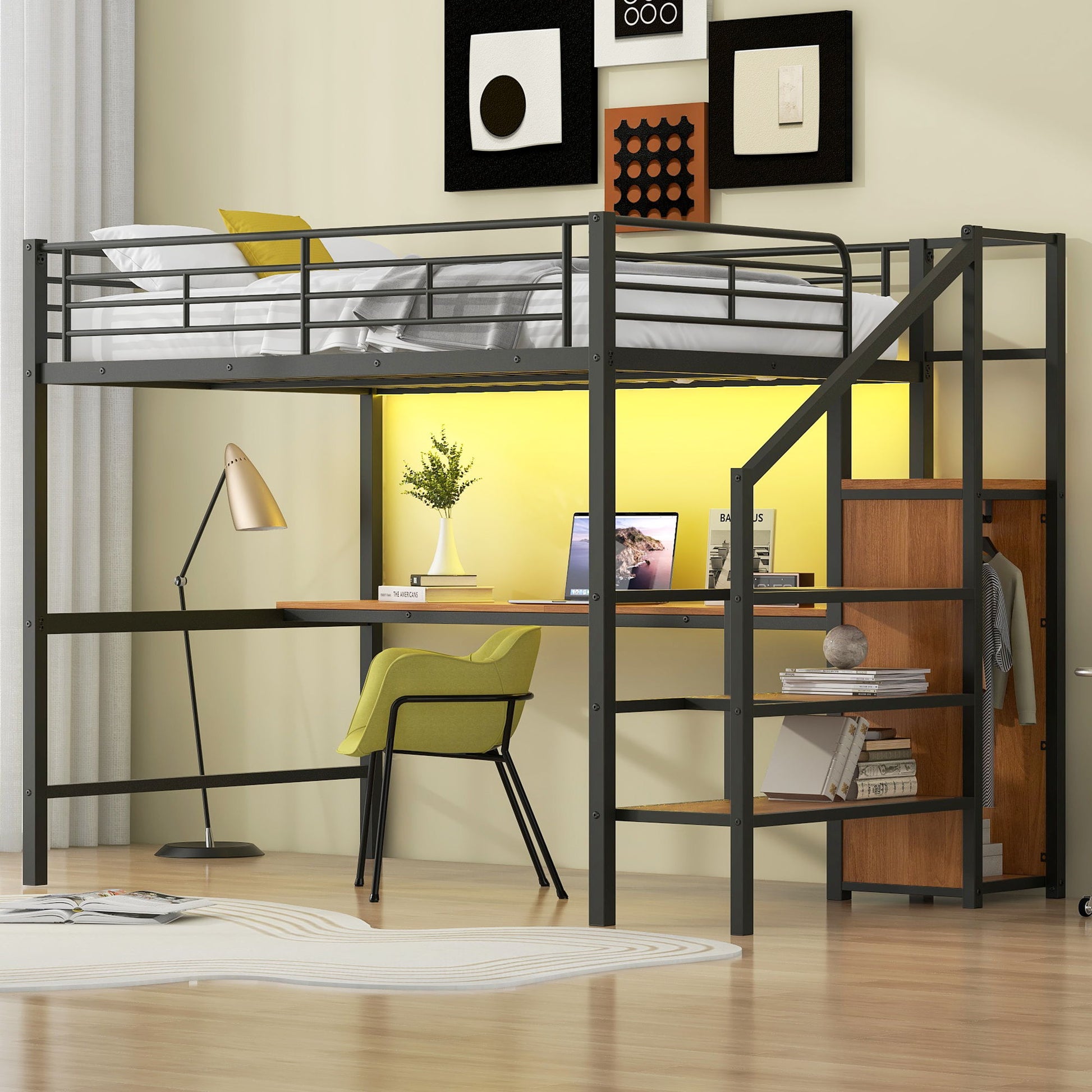 Loft Bed With Desk, Storage Staircase, Small Wardrobe And LED Light - The Sleep Loft - Online Mattress Showroom NYC