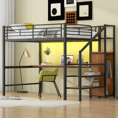 Loft Bed With Desk, Storage Staircase, Small Wardrobe And LED Light - The Sleep Loft - Online Mattress Showroom NYC