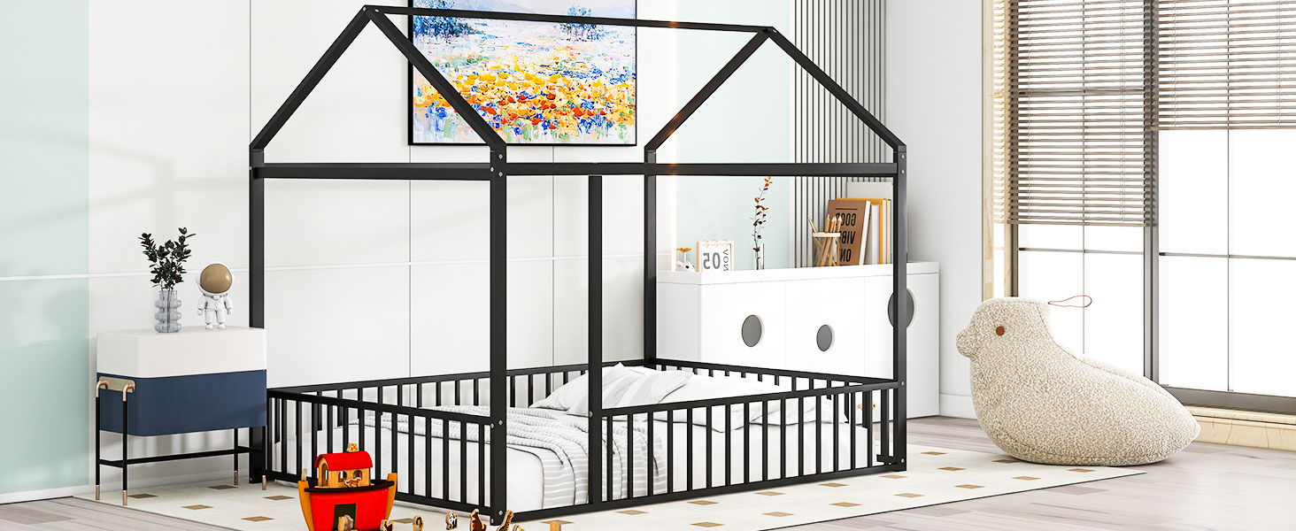 Metal Bed House Bed Frame With Fence - The Sleep Loft - Online Mattress Showroom NYC