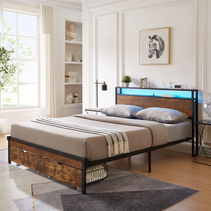 Modern Metal Platform Bed Frame With Wooden Headboard, USB Charging, LED Lights, And Storage - The Sleep Loft - Online Mattress Showroom NYC